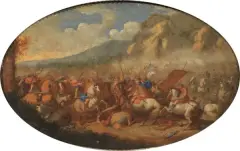 Scena Di Battaglia by Andrea di Leone, oil on panel ovale, offered Oct 2019