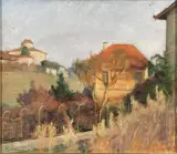Edoardo Gordigiani, Paesaggio Con Case, oil on compensato