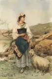 Clelia Bompiani, Pastorella Con Capra, acquarello on paper