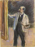 Max Liebermann, Selbstbildnis, stehend an der Staffelei nach links, 1902, Pastell auf Papier, auf Pappe aufgezogen