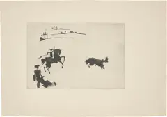 Pablo Picasso, La Tauromaquia o arte de torear, 1957, Pergament-Umschlag mit der Original-Papiermappe mit dem Titelblatt in Kaltnadel und 26 Aquatinten im Verfahren der Zuckeraussprengung und dem Text von José Delgado, jeweils auf Guarro-Velin (Wasserzeichen: Stierkopf)