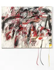 Peter Brüning und Gerhard Hoehme, Ohne Titel“. Um 1963 / 1973, Öl und farbige Kreide auf Leinwand, Kunststoffschnüre. Doubliert