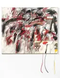 Peter Brüning und Gerhard Hoehme, Ohne Titel“. Um 1963 / 1973, Öl und farbige Kreide auf Leinwand, Kunststoffschnüre. Doubliert
