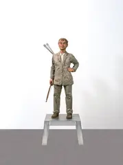 Hermes by Stephan Balkenhol, 2011, Bronze, patiniert, teilweise farbig gefasst und Holzbogen auf Aluminiumsockel, sold May 2024