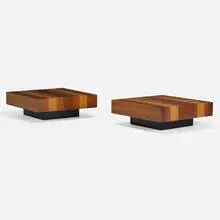 Coffee tables, pair by Milo Baughman, c. 1970, walnut, mahogany, ash, white oak, ebonized wood, sold Nov 2022