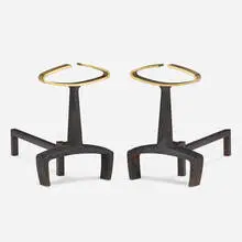 Andirons, pair by Donald Deskey, c. 1950, enameled iron, iron, brass, sold Nov 2022