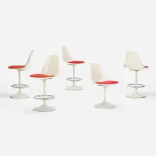 Tulip style barstools, set of four, and side chair by Arthur Umanoff, c. 1975, enameled and chrome-plated steel, fiberglass, upholstery, sold Nov 2022