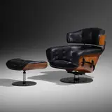 Martin Grierson, London chair and ottoman, 1960, leather, rosewood veneer, brushed and enameled steel