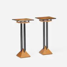 Modern, plant stands, pair, c. 1980, bird's-eye maple, lacquered wood