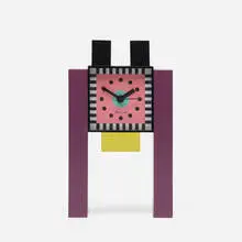Neos table clock by Nathalie du Pasquier and George Sowden, 1987, lacquered wood, glass, enameled brass, sold Jan 2017