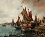 Karl Kaufmann, Harbor Scene, oil on canvasboard