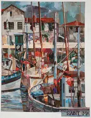 Sailboats by Robert Schmalzried, gouache, offset print, and brown paper collage on board, offered May 2023