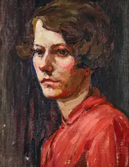 Portrait of a Lady, possibly a Self Portrait c.1930s by Rachel Sutton, oil on canvasboard, front is, offered May 2023