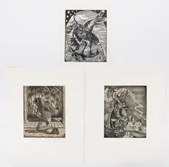 Imaginary beasts by Nick Bubash, Aquatint, etchings. Includes: Imaginary beast with monkey and barbed wire, offered May 2023