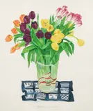 Gary Bukovnik, Tulips, in a Vase on Japanese Cloth