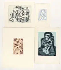 Jorge Dumas, Emigrantes, Guitar Player, Guitarrista, Mandolinista, 4 etchings, 12 x 8.75 inches and smaller, 3 of the prints are, pencil