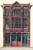 Richard Haas, Truehart-Adriance Building, from the series Galveston, 1972, (Kushner #29), drypoint and aquatint in red and blue on wove paper
