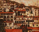 Paul S. Paulsen, European Village, oil on jute canvas, mid 20th century