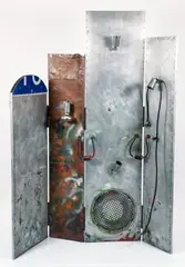 Roy, (Contemporary American), Untitled 4 Panel Aluminum Screen with backlit lighting, aluminum, recycled traffic signage, electrical lighting fixtures, found metal, collage, and paint