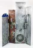 Roy, (Contemporary American), Untitled 4 Panel Aluminum Screen with backlit lighting, aluminum, recycled traffic signage, electrical lighting fixtures, found metal, collage, and paint