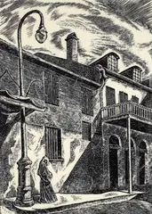 Madison Street, New Orleans by Charles Frederick Surendorf, 1949, linocut, offered May 2023
