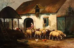 Barnyard Scene with Sheep and Fowl, undated by C. von Fascini, oil on canvas, offered Apr 2023