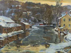 Jonas Lie, Town and River in Winter, 1923, oil on canvas