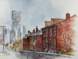Cynthia Cooley, Pittsburgh Street with Skyline, 1976, watercolor