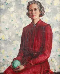 Self Portrait in Red Dress at Sunnyledge by Rachel Sutton, c.1940, oil on canvas, offered Apr 2023
