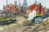 Trainyard Outside Factory by Mary Lois Verrilla, 1986, watercolor, offered Apr 2023