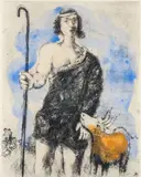 Marc Chagall, Joseph Berger [Young Shepherd Joseph], 1958, etching with hand coloring in watercolor
