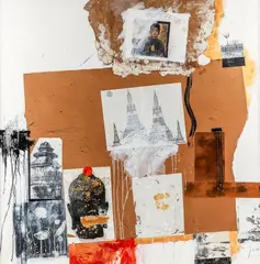 The Silenced Buddha by Otto Stupakoff, 1999, acrylic, collage, and mixed media on canvas, offered Apr 2023