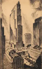 Nat Lowell, Rockefeller Center, 1935, etching
