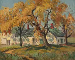 G. Morris, Autumn Landscape with House, oil on canvas, painting depicting an autumnal scene with country home