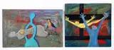 Frank Dininno, Pair of Surrealistic Paintings: Spring Song, 1970 AND The Romans Were Not Only Ones To Crucify, 1969, both, oil on paperboard, both