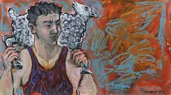 Untitled Man and Lamb by Frank Harris, 1987, acrylic painting on paper, offered Mar 2023