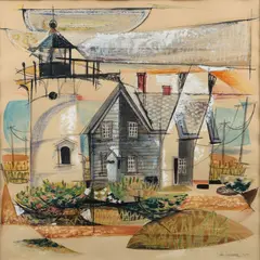 Fay Moore, House, Lighthouse and Boat, 1955, gouache and pastel on paper