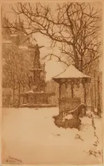 Edward Timothy Hurley, The Fountain- Snow, etching, 1934