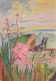 William Sommer, Terrier in Brandywine Landscape, watercolor on paper, matted and