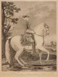 Jean Daullé, after Philibert Benoit Delarue ''Equestrian Portrait of Louis Cazeau De Nestier, Ecuyer Ordinaire de la Grande Ecurie of Louis XV'', engraving, 1753, some staining, paper age toned