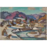 Andriy Andrievich Kotska, Uzhgorod, 1911 - 1987 / Villaggio sulle montagne / Firmato A Kotska in basso a sinistra, oil on canvas
