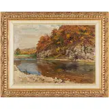 Kobyletska Poliana, 1891 - Uzhgorod, 1975 / Paesaggio fluviale / Firmato Bokshay e datato 953 in basso a destra by Joseph Josephovich Bokshay, oil on cardboard, offered Apr 2023