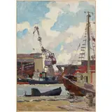 Astrakhan, 1913 - 2002 / Cantiere navale, 1965 / Firmato Shomin e datato 65 in basso a destra by Sergei Nikolaevic Shomin, oil on canvas, offered Apr 2023