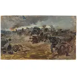 Mykhaylo Khmelko, Kiev, 1919 - 1975 / Battaglia / Firmato M Khmelko e datato 1944 in basso a destra, oil on cardboard