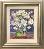Sybil Goldsmith, Daisies in a Glass Jar and Green Pear