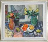 Table Top Fruit and Floral Still Life by Moluat Pinoska Tulipan, Oil on Masonite, offered Dec 2020