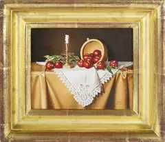 Jane Mihalik, Red Plums, Oil on Board Tabletop Still Life