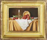 Jane Mihalik, Red Plums, Oil on Board Tabletop Still Life