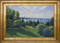 View of the Town of Nantucket From Monomoy by Illya Kagan, Oil on Canvas, offered Dec 2020