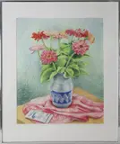 Still Life Zinnias in Blue and White Jug by E. Cooper, Pencil on Paper, offered Dec 2020